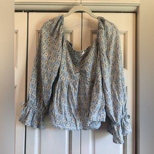 Rewind, 1X, gray top, bell sleeves with ties and smocking across the back